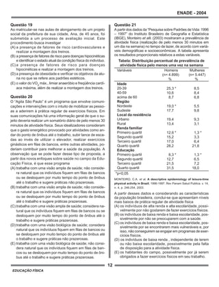 12
ENADE - 2004
EDUCAÇÃO FÍSICA
Questão 19
Ao matricular-se nas aulas de alongamento de um projeto
social da prefeitura de sua cidade, Ana, de 45 anos, foi
submetida a um processo de avaliação inicial. Este
procedimento busca investigar
(A) a presença de fatores de risco cardiovasculares e
realizar a montagem dos treinos.
(B) a presença de fatores de risco para doenças hipocinéticas
e identificar o estado atual da condição física do indivíduo.
(C) a presença de fatores de risco para doenças
hipocinéticas e realizar a montagem dos treinos.
(D) a presença de obesidade e verificar os objetivos da alu-
na no que se refere aos padrões estéticos.
(E) o valor do VO2
máx., limiar anaeróbio e freqüência cardí-
aca máxima, além de realizar a montagem dos treinos.
Questão 20
O “Agita São Paulo” é um programa que envolve comuni-
cações e intervenções com o intuito de mobilizar as pesso-
as a aderirem à prática regular de exercícios físicos. Em
suas comunicações há uma informação geral de que o su-
jeito deveria realizar um somatório diário de pelo menos 30
minutos de atividade física. Seus idealizadores consideram
que o gasto energético provocado por atividades como an-
dar do ponto de ônibus até o trabalho, subir lance de esca-
das ao invés de utilizar o elevador, realizar exercícios
ginásticos em filas de bancos, entre outras atividades, po-
deriam contribuir para melhorar a saúde da população. A
observação que se pode fazer desse tipo de proposta, a
partir dos novos enfoques sobre saúde no campo da Edu-
cação Física, é que esse programa
(A) trabalha com uma visão ampla de saúde; não conside-
ra natural que os indivíduos fiquem em filas de bancos
ou se desloquem por muito tempo do ponto de ônibus
até o trabalho e sugere práticas não prazerosas.
(B) trabalha com uma visão ampla de saúde; não conside-
ra natural que os indivíduos fiquem em filas de bancos
ou se desloquem por muito tempo do ponto de ônibus
até o trabalho e sugere práticas prazerosas.
(C) trabalha com uma visão ampla de saúde; considera na-
tural que os indivíduos fiquem em filas de bancos ou se
desloquem por muito tempo do ponto de ônibus até o
trabalho e sugere práticas prazerosas.
(D) trabalha com uma visão biológica de saúde; considera
natural que os indivíduos fiquem em filas de bancos ou
se desloquem por muito tempo do ponto de ônibus até
o trabalho e sugere práticas não prazerosas.
(E) trabalha com uma visão biológica de saúde; não consi-
dera natural que os indivíduos fiquem em filas de ban-
cos ou se desloquem por muito tempo do ponto de ôni-
bus até o trabalho e sugere práticas prazerosas.
Questão 21
A partir dos dados da “Pesquisa sobre Padrões de Vida: 1996
– 1997” do Instituto Brasileiro de Geografia e Estatística
(IBGE), Monteiro et alli. (2003) mostraram a prevalência de
atividade física (realização de pelo menos 30 minutos em
um dia na semana) no tempo de lazer, de acordo com variá-
veis demográficas e socioeconômicas. A tabela apresenta
os resultados proporcionais relativos a estas variáveis.
A partir desses dados e considerando as características
da população brasileira, conclui-se que apresentam níveis
mais baixos de prática regular de atividade física
(A) os indivíduos de alta renda e alta escolaridade, possi-
velmente por não gostarem de fazer exercícios físicos.
(B) os indivíduos de baixa renda e baixa escolaridade, pos-
sivelmente por não se preocuparem com a saúde.
(C) os indivíduos de baixa renda e baixa escolaridade, pos-
sivelmente por se encontrarem mais vulneráveis e, por
isso, não conseguirem se engajar em programas de exer-
cícios físicos.
(D) os indivíduos de baixa renda , independente de terem
ou não baixa escolaridade, possivelmente pela falta
de disposição para a atividade física.
(E) os habitantes do campo, possivelmente por já serem
obrigados a fazer exercícios físicos em seu trabalho.
Tabela: Distribuição percentual de prevalência de
atividade física pelo menos uma vez na semana
Variáveis Homens
(n= 4.899)
%
Mulheres
(n= 5.447)
%
25,3 *
10,6
8,7
19,0 *
17,7
19,4
13,4
12,6 *
15,2
17,0
28,2
8,3 *
12,7
21,5
31,5
8,5
8,4
6,8
5,5
9,8
9,3
3,1
1,3 *
3,3
6,4
21,8
1,3 *
6,5
7,2
18,0
Idade
20-39
40-59
acima de 60
Região
Nordeste
Sudeste
Local da residência
Urbano
Rural
Renda familiar
Primeiro quartil
Segundo quartil
Terceiro quartil
Quarto quartil
Educação
Primeiro quartil
Segundo quartil
Terceiro quartil
Quarto quartil
*p<0,05
MONTEIRO, C.A. et al. A descriptive epidemiology of leisure-time
physical activity in Brazil, 1996-1997. Rev Panam Salud Publica. v. 14,
n. 4, p. 246-254, 2003.
 
