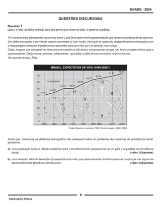 8
ENADE - 2004
EDUCAÇÃO FÍSICA
QUESTÕES DISCURSIVAS
Questão 1
Leia o e-mail de Elisa enviado para sua prima que mora na Itália e observe o gráfico.
Vivi durante anos alimentando os sonhos sobre o que faria após minha aposentadoria que deveria acontecer ainda este ano.
Um deles era aceitar o convite de passar uns meses aí com vocês, visto que os custos da viagem ficariam amenizados com
a hospedagem oferecida e poderíamos aproveitar para conviver por um período mais longo.
Carla, imagine que completei os trinta anos de trabalho e não posso me aposentar porque não tenho a idade mínima para a
aposentadoria. Desta forma, teremos, infelizmente, que adiar a idéia de nos encontrar no próximo ano.
Um grande abraço, Elisa.
Ainda que mudanças na dinâmica demográfica não expliquem todos os problemas dos sistemas de previdência social,
apresente:
a) uma explicação sobre a relação existente entre o envelhecimento populacional de um país e a questão da previdência
social; (valor: 5,0 pontos)
b) uma situação, além da elevação da expectativa de vida, que possivelmente contribuiu para as mudanças nas regras de
aposentadoria do Brasil nos últimos anos. (valor: 5,0 pontos)
Fonte: Brasil em números 1999. Rio de Janeiro. IBGE, 2000.
 