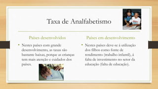 Taxa de Analfabetismo
Países desenvolvidos
• Nestes países com grande
desenvolvimento, as taxas são
bastante baixas, porque as crianças
tem mais atenção e cuidados dos
países.
Países em desenvolvimento
• Nestes países deve-se á utilização
dos filhos como fonte de
rendimento (trabalho infantil), á
falta de investimento no setor da
educação (falta de educação).
 