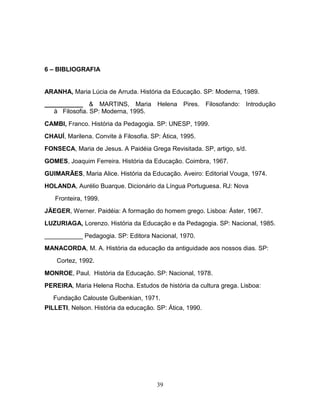 6 – BIBLIOGRAFIA


ARANHA, Maria Lúcia de Arruda. História da Educação. SP: Moderna, 1989.
___________ & MARTINS, Maria Helena Pires. Filosofando: Introdução
   à Filosofia. SP: Moderna, 1995.

CAMBI, Franco. História da Pedagogia. SP: UNESP, 1999.
CHAUÍ, Marilena. Convite à Filosofia. SP: Ática, 1995.
FONSECA, Maria de Jesus. A Paidéia Grega Revisitada. SP, artigo, s/d.
GOMES, Joaquim Ferreira. História da Educação. Coimbra, 1967.
GUIMARÃES, Maria Alice. História da Educação. Aveiro: Editorial Vouga, 1974.
HOLANDA, Aurélio Buarque. Dicionário da Língua Portuguesa. RJ: Nova
   Fronteira, 1999.
JÄEGER, Werner. Paidéia: A formação do homem grego. Lisboa: Áster, 1967.
LUZURIAGA, Lorenzo. História da Educação e da Pedagogia. SP: Nacional, 1985.
___________ Pedagogia. SP: Editora Nacional, 1970.
MANACORDA, M. A. História da educação da antiguidade aos nossos dias. SP:
    Cortez, 1992.
MONROE, Paul. História da Educação. SP: Nacional, 1978.
PEREIRA, Maria Helena Rocha. Estudos de história da cultura grega. Lisboa:
   Fundação Calouste Gulbenkian, 1971.
PILLETI, Nelson. História da educação. SP: Ática, 1990.




                                        39
 
