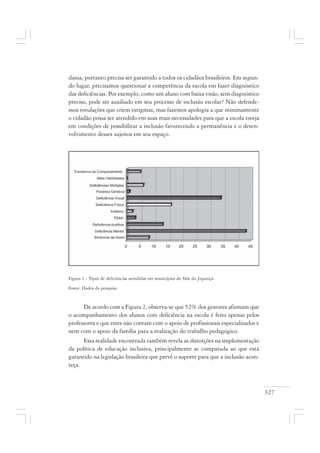 327
dania, portanto precisa ser garantido a todos os cidadãos brasileiros. Em segun-
do lugar, precisamos questionar a competência da escola em fazer diagnóstico
das deficiências. Por exemplo, como um aluno com baixa visão, sem diagnóstico
preciso, pode ser auxiliado em seu processo de inclusão escolar? Não defende-
mos rotulações que criem estigmas, mas fazemos apologia a que minimamente
o cidadão possa ser atendido em suas reais necessidades para que a escola esteja
em condições de possibilitar a inclusão favorecendo a permanência e o desen-
volvimento desses sujeitos em seu espaço.
Figura 1 - Tipos de deficiências atendidas em municípios do Vale do Jiquiriçá.
Fonte: Dados da pesquisa.
De acordo com a Figura 2, observa-se que 52% dos gestores afirmam que
o acompanhamento dos alunos com deficiência na escola é feito apenas pelos
professores e que estes não contam com o apoio de profissionais especializados e
nem com o apoio da família para a realização do trabalho pedagógico.
Essa realidade encontrada também revela as distorções na implementação
da política de educação inclusiva, principalmente se comparada ao que está
garantido na legislação brasileira que prevê o suporte para que a inclusão acon-
teça.
 