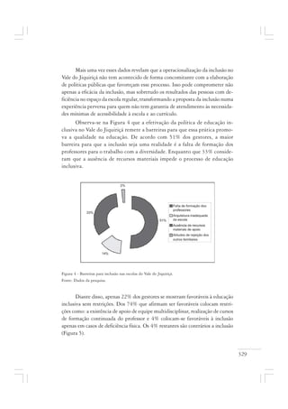 329
Mais uma vez esses dados revelam que a operacionalização da inclusão no
Vale do Jiquiriçá não tem acontecido de forma concomitante com a elaboração
de políticas públicas que favoreçam esse processo. Isso pode comprometer não
apenas a eficácia da inclusão, mas sobretudo os resultados das pessoas com de-
ficiência no espaço da escola regular, transformando a proposta da inclusão numa
experiência perversa para quem não tem garantia de atendimento às necessida-
des mínimas de acessibilidade à escola e ao currículo.
Observa-se na Figura 4 que a efetivação da política de educação in-
clusiva no Vale do Jiquiriçá remete a barreiras para que essa prática promo-
va a qualidade na educação. De acordo com 51% dos gestores, a maior
barreira para que a inclusão seja uma realidade é a falta de formação dos
professores para o trabalho com a diversidade. Enquanto que 33% conside-
ram que a ausência de recursos materiais impede o processo de educação
inclusiva.
Figura 4 - Barreiras para inclusão nas escolas do Vale do Jiquiriçá.
Fonte: Dados da pesquisa.
Diante disso, apenas 22% dos gestores se mostram favoráveis à educação
inclusiva sem restrições. Dos 74% que afirmam ser favoráveis colocam restri-
ções como: a existência de apoio de equipe multidisciplinar, realização de cursos
de formação continuada do professor e 4% colocam-se favoráveis à inclusão
apenas em casos de deficiência física. Os 4% restantes são contrários a inclusão
(Figura 5).
 