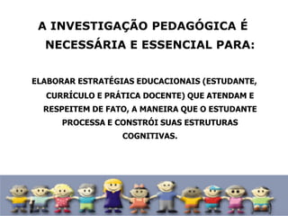 A INVESTIGAÇÃO PEDAGÓGICA É
NECESSÁRIA E ESSENCIAL PARA:
ELABORAR ESTRATÉGIAS EDUCACIONAIS (ESTUDANTE,
CURRÍCULO E PRÁTICA DOCENTE) QUE ATENDAM E
RESPEITEM DE FATO, A MANEIRA QUE O ESTUDANTE
PROCESSA E CONSTRÓI SUAS ESTRUTURAS
COGNITIVAS.
 