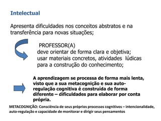 Intelectual
Apresenta dificuldades nos conceitos abstratos e na
transferência para novas situações;
PROFESSOR(A)
deve orientar de forma clara e objetiva;
usar materiais concretos, atividades lúdicas
para a construção do conhecimento;
A aprendizagem se processa de forma mais lenta,
visto que a sua metacognição e sua auto-
regulação cognitiva é construída de forma
diferente – dificuldades para elaborar por conta
própria.
METACOGNIÇÃO: Consciência de seus próprios processos cognitivos – intencionalidade,
auto-regulação e capacidade de monitorar e dirigir seus pensamentos
 