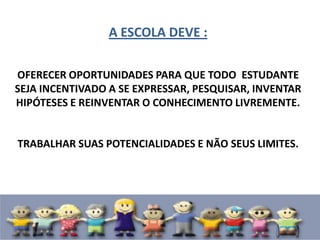 A ESCOLA DEVE :
OFERECER OPORTUNIDADES PARA QUE TODO ESTUDANTE
SEJA INCENTIVADO A SE EXPRESSAR, PESQUISAR, INVENTAR
HIPÓTESES E REINVENTAR O CONHECIMENTO LIVREMENTE.
TRABALHAR SUAS POTENCIALIDADES E NÃO SEUS LIMITES.
 
