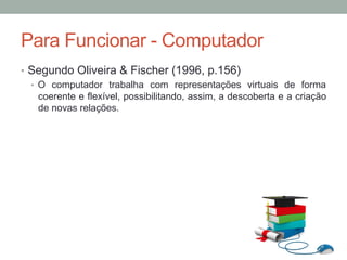 •  Segundo Oliveira & Fischer (1996, p.156)
•  O computador trabalha com representações virtuais de forma
coerente e flexível, possibilitando, assim, a descoberta e a criação
de novas relações.
Para Funcionar - Computador
 