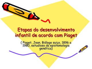 Etapas do desenvolvimento infantil de acordo com Piaget ( Piaget, Jean. Biólogo suiço, 1896 a 1980, estudioso da epistemologia genética) 