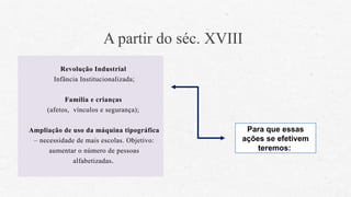 A partir do séc. XVIII
Revolução Industrial
Infância Institucionalizada;
Família e crianças
(afetos, vínculos e segurança);
Ampliação de uso da máquina tipográfica
– necessidade de mais escolas. Objetivo:
aumentar o número de pessoas
alfabetizadas.
Para que essas
ações se efetivem
teremos:
 