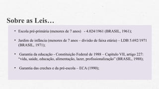 Sobre as Leis…
• Escola pré-primária (menores de 7 anos) - 4.024/1961 (BRASIL, 1961);
• Jardim de infância (menores de 7 anos – divisão de faixa etária) – LDB 5.692/1971
(BRASIL, 1971);
• Garantia da educação - Constituição Federal de 1988 – Capítulo VII, artigo 227:
“vida, saúde, educação, alimentação, lazer, profissionalização” (BRASIL, 1988);
• Garantia das creches e da pré-escola – ECA (1990);
 