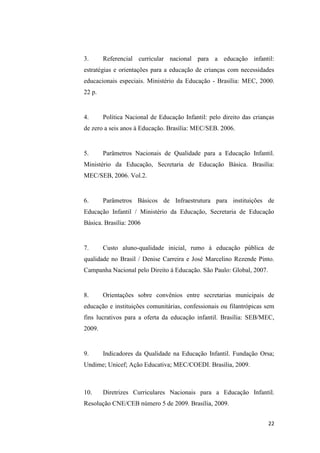 22
3. Referencial curricular nacional para a educação infantil:
estratégias e orientações para a educação de crianças com necessidades
educacionais especiais. Ministério da Educação - Brasília: MEC, 2000.
22 p.
4. Política Nacional de Educação Infantil: pelo direito das crianças
de zero a seis anos à Educação. Brasília: MEC/SEB. 2006.
5. Parâmetros Nacionais de Qualidade para a Educação Infantil.
Ministério da Educação, Secretaria de Educação Básica. Brasília:
MEC/SEB, 2006. Vol.2.
6. Parâmetros Básicos de Infraestrutura para instituições de
Educação Infantil / Ministério da Educação, Secretaria de Educação
Básica. Brasília: 2006
7. Custo aluno-qualidade inicial, rumo à educação pública de
qualidade no Brasil / Denise Carreira e José Marcelino Rezende Pinto.
Campanha Nacional pelo Direito à Educação. São Paulo: Global, 2007.
8. Orientações sobre convênios entre secretarias municipais de
educação e instituições comunitárias, confessionais ou filantrópicas sem
fins lucrativos para a oferta da educação infantil. Brasília: SEB/MEC,
2009.
9. Indicadores da Qualidade na Educação Infantil. Fundação Orsa;
Undime; Unicef; Ação Educativa; MEC/COEDI. Brasília, 2009.
10. Diretrizes Curriculares Nacionais para a Educação Infantil.
Resolução CNE/CEB número 5 de 2009. Brasília, 2009.
 