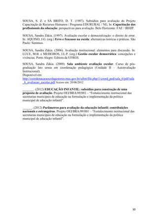 30
SOUSA, S. Z. e SÁ BRITO, D. T. (1987). Subsídios para avaliação do Projeto
Capacitação de Recursos Humanos / Programa EDURURAL / NE. In: Capacitação dos
profissionais da educação: perspectivas para avaliação. Belo Horizonte: FAE / IRHJP.
SOUSA, Sandra Zákia. (1997). Avaliação escolar e democratização: o direito de errar.
In: AQUINO, J.G. (org.) Erro e fracasso na escola: alternativas teóricas e práticas. São
Paulo: Summus.
SOUSA, Sandra Zákia. (2006). Avaliação institucional: elementos para discussão. In:
LUCE, M.B. e MEDEIROS, I.L.P. (org.) Gestão escolar democrática: concepções e
vivências. Porto Alegre: Editora da UFRGS.
SOUSA, Sandra Zákia. (2009). Sala ambiente avaliação escolar. Curso de pós-
graduação lato sensu em coordenação pedagógica (Unidade II – Autoavaliação
Institucional).
Disponível em:
http://coordenacaoescolagestores.mec.gov.br/ufmt/file.php/1/coord_ped/sala_6/pdf/sala
_6_avaliacao_escolar.pdf Acesso em: 20/06/2012
_______. (2012) EDUCAÇÃO INFANTIL: subsídios para construção de uma
proposta de avaliação. Projeto OEI/BRA/09/001 – “Fortalecimento institucional das
secretarias municipais de educação na formulação e implementação da política
municipal de educação infantil”.
______. (2012) Parâmetros para avaliação da educação infantil: contribuições
nacionais e estrangeiras. Projeto OEI/BRA/09/001 – “Fortalecimento institucional das
secretarias municipais de educação na formulação e implementação da política
municipal de educação infantil”.
 