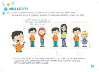 MEU CORPO
65
1. LUCAS ESTÁ DESCREVENDO ALGUMAS CARACTERÍSTICAS DA SUA IRMÃ LAURA.
OUÇA O QUE ELE ESTÁ DIZENDO E MARQUE O QUADRO QUE MOSTRA LUCAS E SUA IRMÃ.
x
• AGORA, ESCOLHA UM DE SEUS COLEGAS DE SALA E, SEM DIZER O NOME DELE, DESCREVA
ALGUMAS DE SUAS CARACTERÍSTICAS PARA A TURMA. SEUS COLEGAS TERÃO QUE
ADIVINHAR DE QUEM VOCÊ ESTÁ FALANDO.
Ilustrações:
Art
Capri
LAURA É MAIS ALTA DO QUE EU,
TEM OS CABELOS COMPRIDOS E
OS OLHOS PRETOS.
 