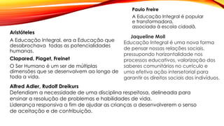 Aristóteles
A Educação Integral, era a Educação que
desabrochava todas as potencialidades
humanas.
Clapared, Piaget, Freinet
O Ser Humano é um ser de múltiplas
dimensões que se desenvolvem ao longo de
toda a vida.
Paulo Freire
A Educação Integral é popular
e transformadora,
associada à escola cidadã.
Jaqueline Moll
Educação Integral é uma nova forma
de pensar nossas relações sociais,
pressupondo horizontalidade nos
processos educativos, valorização dos
saberes comunitários no currículo e
uma efetiva ação intersetorial para
garantir os direitos sociais dos indivíduos.
Alfred Adler, Rudolf Dreikurs
Defendiam a necessidade de uma disciplina respeitosa, delineada para
ensinar a resolução de problemas e habilidades de vida.
Liderança responsiva a fim de ajudar as crianças a desenvolverem o senso
de aceitação e de contribuição.
 