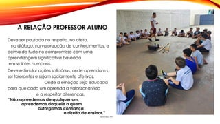 A RELAÇÃO PROFESSOR ALUNO
Deve ser pautada no respeito, no afeto,
no diálogo, na valorização de conhecimentos, e
acima de tudo no compromisso com uma
aprendizagem significativa baseada
em valores humanos.
Deve estimular ações solidárias, onde aprendam a
ser tolerantes e sejam socialmente afetivos.
Onde a emoção seja educada
para que cada um aprenda a valorizar a vida
e a respeitar diferenças.
“Não aprendemos de qualquer um,
aprendemos daquele a quem
outorgamos confiança
e direito de ensinar.”
Fernández, 1991
 
