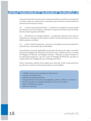 unidade 0218
• realidade como base para a produção do conhecimento;
• conteúdos socialmente úteis;
• trabalho como princípio educativo;
• relação indissociável entre processos pedagógicos, políticos, culturais e econômicos;
• decisões baseadas nas estratégias definidas em coletivos de educadores;
• hábito e habilidade de pesquisa;
• prática da cooperação.
comopontodepartidanosmomentosderesoluçãodeproblemas;asprofessorasestimulavam
ascriançasaexporseusconhecimentos,valorizandooqueelasdiziam;investiamtambémno
aumento da autoestima das crianças;
(8)	 incentivo à participação dos alunos – as professoras se dirigiam às crianças quando
percebiam que elas estavam apáticas, sobretudo as crianças mais tímidas ou que não tinham
iniciativa de participação nas atividades;
(9)	 diversificação de estratégias didáticas – as professoras realizavam vários tipos de
atividades para contemplar um determinado conteúdo; elas diversificavam tanto os recursos
didáticos quanto as atividades;
(10)	 ensinocentradonaprogressão–asdocentescontemplavamummesmoconteúdoem
aulas diferentes, aumentando o grau de dificuldade.
Esses princípios encontram similaridade nos princípios da educação do campo, construídos
pela prática pedagógica dos Movimentos Sociais do campo, tomando por base o acúmulo
da Pedagogia do Oprimido, da Pedagogia Socialista e embasado na própria dinâmica de
sua organização permanente, a que deu o nome de Pedagogia do Movimento, que pode ser
compreendido como Pedagogia da Luta e do Protagonismo Social.
Dentre os princípios, podemos elencar alguns mais conhecidos, desde os quais poderemos
perceber que se trata de uma educação pensada para a universalidade:
 