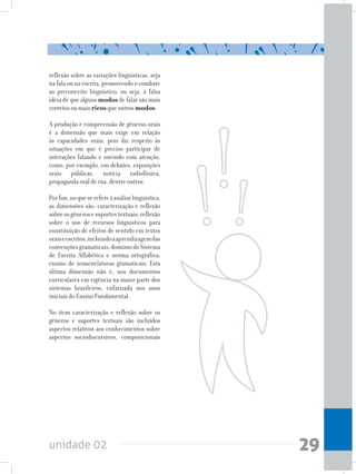 unidade 02 29
reflexão sobre as variações linguísticas, seja
na fala ou na escrita, promovendo o combate
ao preconceito linguístico, ou seja, à falsa
ideia de que alguns modos de falar são mais
corretos ou mais ricos que outros modos.
A produção e compreensão de gêneros orais
é a dimensão que mais exige em relação
às capacidades orais, pois diz respeito às
situações em que é preciso participar de
interações falando e ouvindo com atenção,
como, por exemplo, em debates, exposições
orais públicas, notícia radiofônica,
propaganda oral de rua, dentre outros.
Porfim,noqueserefereàanáliselinguística,
as dimensões são: caracterização e reflexão
sobreosgênerosesuportestextuais;reflexão
sobre o uso de recursos linguísticos para
constituição de efeitos de sentido em textos
oraiseescritos,incluindoaaprendizagemdas
convençõesgramaticais;domíniodoSistema
de Escrita Alfabética e norma ortográfica;
ensino de nomenclaturas gramaticais. Esta
última dimensão não é, nos documentos
curriculares em vigência na maior parte dos
sistemas brasileiros, enfatizada nos anos
iniciais do Ensino Fundamental.
No item caracterização e reflexão sobre os
gêneros e suportes textuais são incluídos
aspectos relativos aos conhecimentos sobre
aspectos sociodiscursivos, composicionais
 