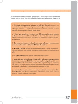 unidade 02 37
Ao situarmos o debate nos direitos de aprendizagem e nos princípios didáticos discutidos,
consideramosquealgunstiposderecursosdidáticossãoessenciaisnociclodealfabetização:
1 – livros que aproximem as crianças do universo literário, ajudando-os a
se constituírem como leitores, tendo prazer e interesse pelos textos, a desenvolverem
estratégias de leitura e a ampliarem seus universos culturais, tais como os livros
literários de contos, poemas, fábulas, dentre outros;
2 – livros que ampliem o contato com diferentes gêneros e espaços
sociais, considerando as diferentes finalidades de leitura, tais como os livros de
reflexão sobre o mundo da ciência, as biografias, os dicionários, os livros de receitas,
dentre outros;
3 – livros que estimulem a brincadeira com as palavras e promovam os
conhecimentos sobre o sistema alfabético de escrita;
4 – revistas e jornais variados que promovam a diversão e o acesso a informações,
tais como os jornais, com destaque aos suplementos infantis, as revistas infantis, os
gibis;
5 – os livros didáticos, que agrupam textos e atividades variadas;
6 – materiais que estimulem a reflexão sobre palavras, com o propósito
de ensinar o sistema alfabético e as convenções ortográficas, tais como
jogos de alfabetização, abecedários, pares de fichas de palavras/figuras, envelopes
comfiguraseletrasquecompõemaspalavrasrepresentadaspelasfiguras,coleçõesde
atividades de reflexão sobre o funcionamento do sistema de escrita;
7 – os materiais que circulam nas ruas, estabelecimentos comerciais
e residências, com objetivos informativos, publicitários, dentre outros, como os
panfletos, cartazes educativos, embalagens;
 
