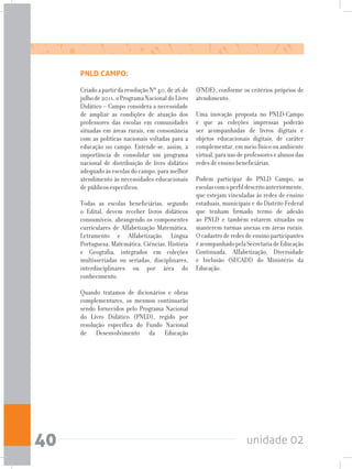 unidade 0240
PNLD CAMPO:
Criado a partir da resolução Nº 40, de 26 de
julhode2011,oProgramaNacionaldoLivro
Didático – Campo considera a necessidade
de ampliar as condições de atuação dos
professores das escolas em comunidades
situadas em áreas rurais, em consonância
com as políticas nacionais voltadas para a
educação no campo. Entende-se, assim, a
importância de consolidar um programa
nacional de distribuição de livro didático
adequado às escolas do campo, para melhor
atendimento às necessidades educacionais
de públicos específicos.
Todas as escolas beneficiárias, segundo
o Edital, devem receber livros didáticos
consumíveis, abrangendo os componentes
curriculares de Alfabetização Matemática,
Letramento e Alfabetização, Língua
Portuguesa, Matemática, Ciências, História
e Geografia, integrados em coleções
multisseriadas ou seriadas, disciplinares,
interdisciplinares ou por área do
conhecimento.
Quando tratamos de dicionários e obras
complementares, os mesmos continuarão
sendo fornecidos pelo Programa Nacional
do Livro Didático (PNLD), regido por
resolução específica do Fundo Nacional
de Desenvolvimento da Educação
(FNDE), conforme os critérios próprios de
atendimento.
Uma inovação proposta no PNLD-Campo
é que as coleções impressas poderão
ser acompanhadas de livros digitais e
objetos educacionais digitais, de caráter
complementar, em meio físico ou ambiente
virtual,parausodeprofessoresealunosdas
redes de ensino beneficiárias.
Podem participar do PNLD Campo, as
escolascomoperfildescritoanteriormente,
que estejam vinculadas às redes de ensino
estaduais, municipais e do Distrito Federal
que tenham firmado termo de adesão
ao PNLD e também estarem situadas ou
manterem turmas anexas em áreas rurais.
O cadastro de redes de ensino participantes
éacompanhadopelaSecretariadeEducação
Continuada, Alfabetização, Diversidade
e Inclusão (SECADI) do Ministério da
Educação.
 