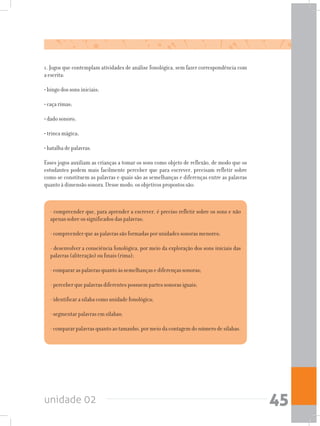 unidade 02 45
1. Jogos que contemplam atividades de análise fonológica, sem fazer correspondência com
a escrita:
• bingo dos sons iniciais;
• caça rimas;
• dado sonoro;
• trinca mágica;
• batalha de palavras.
Esses jogos auxiliam as crianças a tomar os sons como objeto de reflexão, de modo que os
estudantes podem mais facilmente perceber que para escrever, precisam refletir sobre
como se constituem as palavras e quais são as semelhanças e diferenças entre as palavras
quanto à dimensão sonora. Desse modo, os objetivos propostos são:
- compreender que, para aprender a escrever, é preciso refletir sobre os sons e não
apenas sobre os significados das palavras;
- compreender que as palavras são formadas por unidades sonoras menores;
- desenvolver a consciência fonológica, por meio da exploração dos sons iniciais das
palavras (aliteração) ou finais (rima);
- comparar as palavras quanto às semelhanças e diferenças sonoras;
- perceber que palavras diferentes possuem partes sonoras iguais;
- identificar a sílaba como unidade fonológica;
- segmentar palavras em sílabas;
- comparar palavras quanto ao tamanho, por meio da contagem do número de sílabas.
 