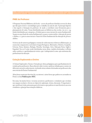 unidade 02 49
PNBE do Professor
O Programa Nacional Biblioteca da Escola – acervo do professor distribui acervos de obras
que dão apoio teórico e metodológico para o trabalho em sala de aula. O principal objetivo
é dar suporte à formação do professor, de modo a contribuir como ferramenta para o
planejamento de aulas. Foram distribuídos para as bibliotecas das escolas, em 2011, 154
títulos distribuídos por categorias: 53 títulos para os anos iniciais do ensino fundamental;
39paraos anos finais do ensino fundamental;45parao ensino médio eeducação dejovens
e adultos; e 17 para os anos iniciais e finais do ensino fundamental da educação de jovens e
adultos.
Oslivrossãodenaturezapedagógicaetratamdeconhecimentosrelativosàalfabetização,ao
ensino dos componentes curriculares Língua Portuguesa, Matemática, História, Geografia,
Ciências, Física, Química, Biologia, Filosofia, Sociologia, Artes, Educação Física, Inglês e
Espanhol. Em 2013 estão sendo distribuídas novas obras, também destinadas à reflexão
sobre a prática e o aprofundamento teórico, que é indispensável a uma ação autônoma dos
profissionais da educação.
Coleção Explorando o Ensino
A Coleção Explorando o Ensino é formada por obras pedagógicas para aprofundamento de
estudos pelos professores. Busca discutir sobre teorias e práticas voltadas para o ensino em
diferentesáreasdeconhecimento,incluindováriosvolumesdestinadosaosprofessoresdos
anos iniciais do Ensino Fundamental.
Além desses materiais descritos há, na internet, vários livros que podem ser acessados no
Portal, no link Publicações MEC.
Em suma, há muitos livros e recursos acessíveis a professores e estudantes que circulam
nos espaços escolares e devem ser objeto de exploração, leitura, discussão. O importante é
queoprofessortenhaautonomiaparaselecionarosquepodemsermaisfavoráveisaosseus
estudantes e planejar boas situações didáticas.
 
