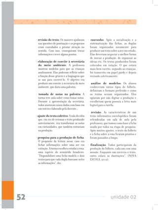 unidade 0252
- revisão do texto: Os maiores ajudavam
nas questões de pontuação e os pequenos
eram convidados a prestar atenção no
sentido. Com isso, conseguiram trocar
informações e rever alguns pontos;
- elaboração de convite à secretária
do meio ambiente: A professora
mostrou modelos para que as crianças
analisassem. Elas puderam refletir sobre
a função desse gênero e a linguagem que
se usa para escrevê-lo. O objetivo era
produzir um convite à secretária do meio
ambiente, que daria uma palestra;
- tomada de notas na palestra: A
turma teve aula sobre como tomar notas.
Durante a apresentação da secretária,
todos anotavam novos dados com base em
um roteiro elaborado pela docente.;
- ajuste do texto coletivo: A sala decidiu
que, em vez de retomar o texto produzido
anteriormente, iria transformar as notas
em curiosidades, que também entrariam
na produção;
- pesquisa para a produção de ficha:
O propósito da leitura nesse caso era
fichar informações sobre uma ave em
extinção.Aturmaescolheuestudaraema,
uma espécie do semiárido brasileiro.
“Disponibilizei uma ficha-modelo e dois
textos para que cada dupla buscasse neles
as informações”, diz;
- rascunho: Após a socialização e a
sistematização das fichas, as duplas
foram organizadas novamente para
produzirumtextosobreaaveemestudo.
Elas deveriam negociar a melhor forma
de iniciar a produção, de organizar as
ideias etc. Os textos produzidos foram
colocados em votação. O que estava
mais bem escrito, segundo as crianças,
foi transcrito em papel pardo e depois
revisado coletivamente;
- análise de modelos: Os alunos
conheceram vários tipos de folheto,
definiram o formato preferido e como
os textos seriam organizados. Eles
optaram por não digitar a produção e
escolheram quem possuía a letra mais
legível para a tarefa;
- revisão: As características de um
texto informativo enciclopédico foram
relembradas em sala de aula pela
professora,quetomoucomobaseaficha
usada por todos na etapa de pesquisa.
Após muitos ajustes, o texto do folheto
e a ficha sobre a ema ficaram prontos e
foram passados a limpo;
- finalização: Todos participaram da
produção do folheto, cada um com uma
missão. Enquanto um escrevia o texto,
outro colava as ilustrações”. (NOVA
ESCOLA, 2012).
 
