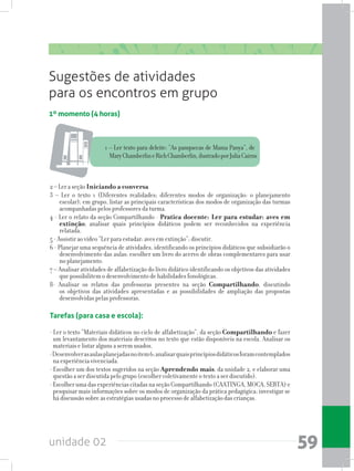 unidade 02 59
1º momento (4 horas)
Sugestões de atividades
para os encontros em grupo
1 – Ler texto para deleite: “As panquecas de Mama Panya”, de
MaryChamberlineRichChamberlin,ilustradoporJuliaCairns
2 – Ler a seção Iniciando a conversa
3 – Ler o texto 1 (Diferentes realidades; diferentes modos de organização: o planejamento
escolar); em grupo, listar as principais características dos modos de organização das turmas
acompanhadas pelos professores da turma.
4 - Ler o relato da seção Compartilhando - Pratica docente: Ler para estudar: aves em
extinção; analisar quais princípios didáticos podem ser reconhecidos na experiência
relatada.
5 - Assistir ao vídeo “Ler para estudar: aves em extinção”; discutir.
6 - Planejar uma sequência de atividades, identificando os princípios didáticos que subsidiarão o
desenvolvimento das aulas; escolher um livro do acervo de obras complementares para usar
no planejamento.
7 – Analisar atividades de alfabetização do livro didático identificando os objetivos das atividades
que possibilitem o desenvolvimento de habilidades fonológicas.
8- Analisar os relatos das professoras presentes na seção Compartilhando, discutindo
os objetivos das atividades apresentadas e as possibilidades de ampliação das propostas
desenvolvidas pelas professoras.
- Ler o texto “Materiais didáticos no ciclo de alfabetização”, da seção Compartilhando e fazer
um levantamento dos materiais descritos no texto que estão disponíveis na escola. Analisar os
materiais e listar alguns a serem usados.
-Desenvolverasaulasplanejadasnoitem6;analisarquaisprincípiosdidáticosforamcontemplados
na experiência vivenciada.
- Escolher um dos textos sugeridos na seção Aprendendo mais, da unidade 2, e elaborar uma
questão a ser discutida pelo grupo (escolher coletivamente o texto a ser discutido).
- Escolher uma das experiências citadas na seção Compartilhando (CAATINGA, MOCA, SERTA) e
pesquisar mais informações sobre os modos de organização da prática pedagógica; investigar se
há discussão sobre as estratégias usadas no processo de alfabetização das crianças.
Tarefas (para casa e escola):
 