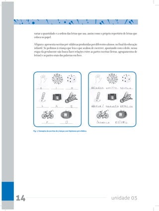 unidade 0314
variar a quantidade e a ordem das letras que usa, assim como o próprio repertório de letras que
colocanopapel.
Afigura1apresentaescritaspré-silábicasproduzidaspordiferentesalunos,nofinaldaeducação
infantil. Se pedimos à criança que leia o que acabou de escrever, apontando com o dedo, nessa
etapa ela geralmente não busca fazer relações entre as partes escritas (letras, agrupamentos de
letras)easpartesoraisdaspalavrasemfoco.
Fig. 1. Exemplos de escritas de crianças com hipóteses pré-silábica
 