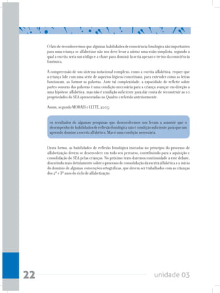 unidade 0322
Ofatodereconhecermosquealgumashabilidadesdeconsciênciafonológicasãoimportantes
para uma criança se alfabetizar não nos deve levar a adotar uma visão simplista, segundo a
qual a escrita seria um código e a chave para dominá-la seria apenas o treino da consciência
fonêmica.
A compreensão de um sistema notacional complexo, como a escrita alfabética, requer que
a criança lide com uma série de aspectos lógicos/conceituais, para entender como as letras
funcionam, ao formar as palavras. Ante tal complexidade, a capacidade de refletir sobre
partes sonoras das palavras é uma condição necessária para a criança avançar em direção a
uma hipótese alfabética, mas não é condição suficiente para dar conta de reconstruir as 10
propriedades do SEA apresentadas no Quadro 1 referido anteriormente.
Assim, segundo MORAIS e LEITE, 2005:
os resultados de algumas pesquisas que desenvolvemos nos levam a assumir que o
desempenho de habilidades de reflexão fonológica não é condição suficiente para que um
aprendiz domine a escrita alfabética. Mas é uma condição necessária.
Desta forma, as habilidades de reflexão fonológica iniciadas no princípio do processo de
alfabetização devem se desenvolver em todo seu percurso, contribuindo para a aquisição e
consolidação do SEA pelas crianças. No próximo texto daremos continuidade a este debate,
discutindomaisdetidamentesobreoprocessodeconsolidaçãodaescritaalfabéticaeoinício
do domínio de algumas convenções ortográficas, que devem ser trabalhados com as crianças
dos 2º e 3º anos do ciclo de alfabetização.
 