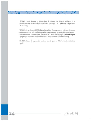 unidade 0324
MORAIS, Artur Gomes. A apropriação do sistema de notação alfabética e o
desenvolvimento de habilidades de reflexão fonológica. In: Letras de Hoje. Porto
Alegre, 2004.
MORAIS, Artur Gomes; LEITE, Tânia Maria Rios. Como promover o desenvolvimento
das habilidades de reflexão fonológica dos alfabetizandos? In: MORAIS, Artur Gomes,
ALBUQUERQUE, Eliana Borges Correia e LEAL, Telma Ferraz (orgs.). Alfabetização:
apropriação do sistema de escrita alfabética. Belo Horizonte: Autêntica, 2005.
SOARES, Magda. Letramento: um tema em três gêneros. Belo Horizonte: Autêntica,
1998.
 
