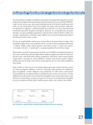 unidade 03 27
Ascorrespondênciasregularesmorfológico-gramaticaissãocompostasderegrasqueenvolvem
morfemastantoligadosàformaçãodepalavrasporderivaçãolexicalcomoporflexão(MORAIS,
1998), ou seja, nesses casos, são os aspectos gramaticais que determinam o grafema que será
usado. No caso da derivação lexical, por exemplo, tais regras estão presentes, sobretudo,
em substantivos e adjetivos: o sufixo [eza] pode ser escrito com S ou com Z, dependendo da
classificação gramatical da palavra (portuguesa, pobreza). As correspondências som-grafia
baseadas em regras morfológico-gramaticais estão presentes ainda nas flexões verbais. Por
exemplo, empregamos U no final de verbos regulares na terceira pessoa do passado perfeito
do indicativo (cantou, bebeu, sorriu).
Por fim, as irregularidades estarão mais na dependência da memorização do aluno. Para
exemplificaralgunsdessescasos,podemoscitaroscasosqueenvolvemanotaçãodosfonemas
/s/ (seguro, cidade, auxílio, cassino, piscina, cresça, força, exceto), /z/ (zebu, casa, exame),
/š/ (enxada, enchente), /ž/ (girafa, jiló) e o emprego do grafema H inicial (hora, harpa).
Observandoaescritadecriançasquejáentendemaescritaalfabética(segundoapsicogênese
daescrita),épossívelperceberquealgunsalunostendemaimaginarquecadaletrarepresenta
um único som, cometendo várias violações ortográficas. Além disso, outras crianças podem
compreender o princípio de escrita alfabética, contudo ainda dominar poucas relações
grafema/fonema, de modo a trocar letras, mesmo àquelas que têm uma relação grafofônica
mais regular.
Nesse sentido, no início do ano 3, as crianças podem apresentar notações distintas, apesar
de estarem na hipótese alfabética. Ferreiro e Teberosky (1984) apontam três subdivisões
para esta hipótese: escritas alfabéticas sem predomínio de valor sonoro convencional;
escritas alfabéticas com algumas falhas na utilização do valor sonoro convencional; e escritas
alfabéticascomvalorsonoroconvencional.Paraexemplificaroqueestamosdiscutindo,vamos
observarasescritasabaixo,nasquais,noiníciodoterceiroano,ascriançasforamconvidadas
a escrever as palavras elefante, jacaré, borboleta, porco, baleia, rato, cachorro, boi e abelha:
Fig. 1. Escrita de Ester - Hipótese Alfabética com algumas falhas na utilização do valor sonoro convencional.
 