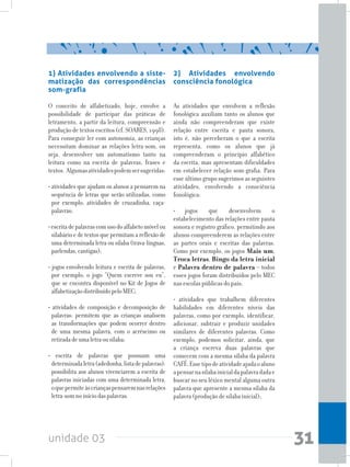 unidade 03 31
1) Atividades envolvendo a siste-
matização das correspondências
som-grafia
O conceito de alfabetizado, hoje, envolve a
possibilidade de participar das práticas de
letramento, a partir da leitura, compreensão e
produção de textos escritos (cf. SOARES, 1998).
Para conseguir ler com autonomia, as crianças
necessitam dominar as relações letra-som, ou
seja, desenvolver um automatismo tanto na
leitura como na escrita de palavras, frases e
textos. Algumasatividadespodemsersugeridas:
• atividades que ajudam os alunos a pensarem na
sequência de letras que serão utilizadas, como
por exemplo, atividades de cruzadinha, caça-
palavras;
•escritadepalavrascomusodoalfabetomóvelou
silabário e de textos que permitam a reflexão de
uma determinada letra ou sílaba (trava-línguas,
parlendas,cantigas);
• jogos envolvendo leitura e escrita de palavras,
por exemplo, o jogo “Quem escreve sou eu”,
que se encontra disponível no Kit de Jogos de
alfabetizaçãodistribuídopeloMEC;
• atividades de composição e decomposição de
palavras: permitem que as crianças analisem
as transformações que podem ocorrer dentro
de uma mesma palavra, com o acréscimo ou
retiradadeumaletraousílaba;
• escrita de palavras que possuam uma
determinadaletra(adedonha,listadepalavras):
possibilita aos alunos vivenciarem a escrita de
palavras iniciadas com uma determinada letra,
oquepermiteàscriançaspensaremnasrelações
letra-somnoiníciodaspalavras.
2) Atividades envolvendo
consciência fonológica
As atividades que envolvem a reflexão
fonológica auxiliam tanto os alunos que
ainda não compreenderam que existe
relação entre escrita e pauta sonora,
isto é, não perceberam o que a escrita
representa, como os alunos que já
compreenderam o princípio alfabético
da escrita, mas apresentam dificuldades
em estabelecer relação som-grafia. Para
esse último grupo sugerimos as seguintes
atividades, envolvendo a consciência
fonológica:
• jogos que desenvolvem o
estabelecimento das relações entre pauta
sonora e registro gráfico, permitindo aos
alunos compreenderem as relações entre
as partes orais e escritas das palavras.
Como por exemplo, os jogos Mais um,
Troca letras, Bingo da letra inicial
e Palavra dentro de palavra – todos
esses jogos foram distribuídos pelo MEC
nas escolas públicas do país;
• atividades que trabalhem diferentes
habilidades em diferentes níveis das
palavras, como por exemplo, identificar,
adicionar, subtrair e produzir unidades
similares de diferentes palavras. Como
exemplo, podemos solicitar, ainda, que
a criança escreva duas palavras que
comecem com a mesma sílaba da palavra
CAFÉ.Essetipodeatividadeajudaoaluno
apensarnasílabainicialdapalavradadae
buscar no seu léxico mental alguma outra
palavra que apresente a mesma sílaba da
palavra (produção de sílaba inicial);
 