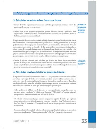 unidade 03 33
3) Atividades para desenvolver fluência de leitura
• Leitura de textos sejam eles curtos ou não. Os textos que exploram o extrato sonoro das
palavras podem ajudar nesse processo.
• Leitura livre ou em pequenos grupos com gêneros diversos, em que a professora pode
organizar um cantinho de leitura, com variados textos (histórias em quadrinhos, livros de
histórias, jornais, revistas científicas).
Éimportantequedentrodarotinadasaladeaulasejadisponibilizadoumhorárioparaessetipode
encaminhamento,afimdequeessapráticafaçapartedodiaadiadosjovensleitores.Ascrianças
podem fazer uso desse espaço, em momentos livres, ao terminar uma determinada atividade,
antes da professora iniciar as atividades do dia, aguardando os pais no momento da saída; ou
ainda, em um determinado dia da semana os alunos podem se dirigir para esse cantinho, a fim
deescolherolivroquelevariaparacasanofinaldesemana,delerparaoscolegasempequenos
grupos,defazeraleituracoletivaparaograndegrupo,deouviraleiturapeloprofessor,derealizar
pesquisasparaodesenvolvimentodosprojetosdidáticosrealizadosemsaladeaula.
• Recital de poemas e cordéis, uma atividade que permite aos alunos terem contato com
poemasdatradiçãooral,bemcomocomautoresdiversos.Alémdisso,podefazerpartetanto
deumprojetodidático,comodeumasequênciadidática. Essasatividadespodem,inclusive,
propiciar momentos de interação com sua comunidade.
Projetos e sequ-
ências didáticas
são tratados na
unidade 6
Na unidade 5 os
usos dos textos
na alfabetização
são discutidos
de modo mais
aprofundado
4) Atividades envolvendo leitura e produção de textos
ÉimportantedestacarmosqueareflexãosobreoSEAnãopodeestardistanciadadasatividades
de leitura e produção de texto. Nesse sentido, um bom recurso didático para conciliar os
diferentes eixos de ensino da Língua Portuguesa são as obras complementares. Tais obras
são disponibilizadas às escolas pelo MEC organizadas por acervos. Nesses acervos, podemos
encontrar uma variedade de livros que contribuem para aprendizagem:
- Sobre as letras do alfabeto e reflexão sobre as correspondências som/grafia, como, por
exemplo, a obra “Adedonha” e “Alfabeto de Histórias”, “ABC doido”: o “jogo das palavras”
que possibilita aos alunos aprenderem as letras do alfabeto.
- Da reflexão sobre as semelhanças sonoras das palavras, a partir de textos que exploram
rimas, aliterações, repetições de palavras, como por exemplo, a obra “Bicho que te quero
livre” e o “Jogo da parlenda” e “Um sapo dentro de um saco” que apresenta vários textos de
tradição oral.
-Sobreovocabulário(formaçãodepalavras,reflexãosobresignificadosdepalavrasouexpressões)
como,porexemplo,aobra“Falandopeloscotovelos”e“ZigZag”e“Asparedestêmouvidos”.
 