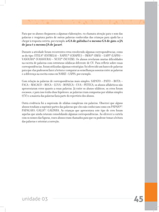 unidade 03 45
Para que os alunos chegassem a algumas elaborações, eu chamava atenção para o som das
palavras e resgatava partes de outras palavras conhecidas das crianças para ajudá-las a
chegar à resposta correta, por exemplo: o GA de galinha é o mesmo GA de gato; o JA
de jaca é o mesmo JA de jacaré.
Durante a atividade foram recorrentes erros envolvendo algumas correspondências, como
as do tipo: ETELA* (ESTRELA) – XAPEU* (CHAPÉU) – IMÃO* (IMÃ) – LAPI* (LÁPIS) –
VASOURA* (VASSOURA) – NUVE* (NUVEM). Os alunos revelaram muitas dificuldades
na escrita de palavras com estruturas silábicas diferente de CV. Para refletir sobre essas
correspondências,foramutilizadasalgumasestratégias:foioferecidoumbancodepalavras
paraqueelaspudessemfazeraleituraecompararassemelhançassonorasentreaspalavras
e a diferença na escrita como em NARIZ – LÁPIS, por exemplo.
Com relação às palavras de correspondências mais simples: SAPATO – PATO – BOTA –
FACA – MACACO – BOCA – LUVA – BONECA – UVA – PETECA, os alunos alfabéticos não
apresentaram erros quanto a essas palavras. Já entre os alunos silábicos, os erros foram
escassos, e para isso tenho duas hipóteses: as palavras eram compostas por sílabas simples
(CV) e a maioria das palavras fazia parte do repertório dos alunos.
Outra evidência foi a supressão de sílabas complexas em palavras. Observei que alguns
alunos tendiam a suprimir partes das palavras que eles não conheciam como em PAPAIO*/
PAPAGAIO; GALIA*/ GALINHA. As crianças que apresentava este tipo de erro foram
aquelas que ainda estavam consolidando algumas correspondências. Ao oferecer a cartela
comosnomesdasfiguras,essesalunoseramchamadosparaqueeupudessetomaraleitura
das palavras e orientar a correção.
 