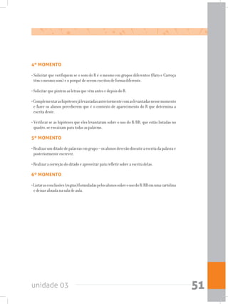 unidade 03 51
4º MOMENTO
• Solicitar que verifiquem se o som do R é o mesmo em grupos diferentes (Rato e Carroça
têm o mesmo som) e o porquê de serem escritos de forma diferente.
• Solicitar que pintem as letras que vêm antes e depois do R.
•Complementarashipótesesjálevantadasanteriormentecomaslevantadasnessemomento
e fazer os alunos perceberem que é o contexto de aparecimento do R que determina a
escrita deste.
• Verificar se as hipóteses que eles levantaram sobre o uso do R/RR, que estão listadas no
quadro, se encaixam para todas as palavras.
5º MOMENTO
•Realizarumditadodepalavrasemgrupo–osalunosdeverãodiscutiraescritadapalavrae
posteriormente escrever.
• Realizar a correção do ditado e aproveitar para refletir sobre a escrita delas.
6º MOMENTO
•Listarasconclusões(regras)formuladaspelosalunossobreousodoR/RRemumacartolina
e deixar afixada na sala de aula.
 