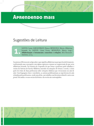 Aprendendo mais
Asautorasrefletemnesteartigosobreoquesignificaalfabetizarnaperspectivadoletramento,
confrontando suas concepções com alguns equívocos comuns na compreensão do que seria
alfabetizar letrando. Na tentativa de responder de que forma o professor pode trabalhar o
ensino do Sistema de Escrita Alfabética inserido em situações de leitura e escrita, o texto
parte do relato de duas professoras sobre situações didáticas que vivenciaram em sala de
aula. Com linguagem clara e convidativa, as autoras problematizam as experiências de aula
relatadaspelasprofessoras,sendoumadelas,umtrabalhocomliteraturainfantileoutrocom
jornal. Em ambas, os usos sociais da leitura e da escrita são contemplados,
SANTOS, Carmi, ALBUQUERQUE, Eliana e MENDONÇA, Márcia. Alfabetizar
letrando. In: SANTOS, Carmi Ferraz, MENDONÇA, Márcia (orgs.)
Alfabetização e letramento: conceitos e relações. Belo Horizonte:
Autêntica, 2005.
1.
Sugestões de Leitura
 