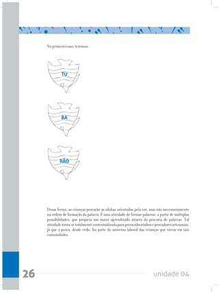 unidade 0426
No primeiro caso, teremos:
TU
BA
RÃO
Dessa forma, as crianças pescarão as sílabas orientadas pela cor, mas não necessariamente
na ordem de formação da palavra. É uma atividade de formar palavras, a partir de múltiplas
possibilidades, que propicia um maior aprendizado através da pescaria de palavras. Tal
atividadetorna-setotalmentecontextualizadaparapovosribeirinhosepescadoresartesanais,
já que a pesca, desde cedo, faz parte do universo laboral das crianças que vivem em tais
comunidades.
 