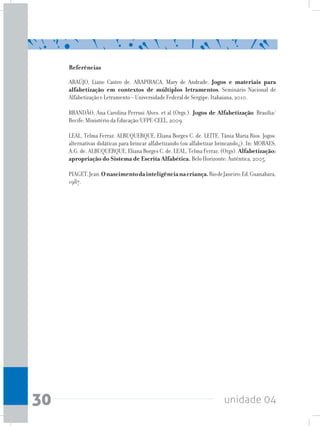 unidade 0430
Referências
ARAÚJO, Liane Castro de. ARAPIRACA, Mary de Andrade. Jogos e materiais para
alfabetização em contextos de múltiplos letramentos. Seminário Nacional de
Alfabetização e Letramento – Universidade Federal de Sergipe: Itabaiana, 2010.
BRANDÃO, Ana Carolina Perrusi Alves. et al (Orgs.). Jogos de Alfabetização. Brasília/
Recife: Ministério da Educação/UFPE-CEEL, 2009.
LEAL, Telma Ferraz. ALBUQUERQUE, Eliana Borges C. de. LEITE, Tânia Maria Rios. Jogos:
alternativas didáticas para brincar alfabetizando (ou alfabetizar brincando¿). In: MORAES,
A.G. de. ALBUQUERQUE, Eliana Borges C. de. LEAL, Telma Ferraz. (Orgs). Alfabetização:
apropriação do Sistema de Escrita Alfabética. Belo Horizonte: Autêntica, 2005.
PIAGET,Jean.Onascimentodainteligêncianacriança.RiodeJaneiro:Ed.Guanabara,
1987.
 