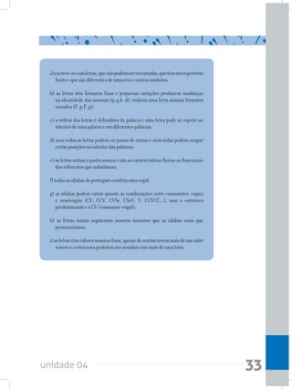 unidade 04 33
a)escreve-secomletras,quenãopodemserinventadas,quetêmumrepertório
finitoequesãodiferentesdenúmeroseoutrossímbolos;
b) as letras têm formatos fixos e pequenas variações produzem mudanças
na identidade das mesmas (p,q,b, d), embora uma letra assuma formatos
variados(P,p,P,p);
c) a ordem das letras é definidora da palavra e uma letra pode se repetir no
interiordeumapalavraeemdiferentespalavras;
d) nem todas as letras podem vir juntas de outras e nem todas podem ocupar
certasposiçõesnointeriordaspalavras;
e)asletrasnotamapautasonoraenãoascaracterísticasfísicasoufuncionais
dosreferentesquesubstituem;
f)todasassílabasdoportuguêscontêmumavogal;
g) as sílabas podem variar quanto às combinações entre consoantes, vogais
e semivogais (CV, CCV, CVSv, CSvV, V, CCVCC...), mas a estrutura
predominanteeaCV(consoante-vogal);
h) as letras notam segmentos sonoros menores que as sílabas orais que
pronunciamos;
i)asletrastêmvaloressonorosfixos,apesardemuitasteremmaisdeumvalor
sonoroecertossonspoderemsernotadoscommaisdeumaletra.
 