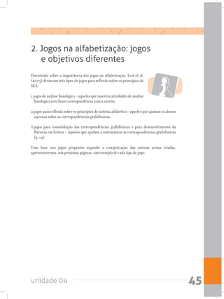 unidade 04 45
2. Jogos na alfabetização: jogos
e objetivos diferentes
Discutindo sobre a importância dos jogos na alfabetização, Leal et al.
(2005) destacam três tipos de jogos para reflexão sobre os princípios do
SEA:
1.jogosdeanálisefonológica–aquelesqueinserematividadesdeanálise
fonológica sem fazer correspondência com a escrita;
2.jogosparareflexãosobreosprincípiosdosistemaalfabético-aquelesqueajudamosalunos
a pensar sobre as correspondências grafofônicas;
3.jogos para consolidação das correspondências grafofônicas e para desenvolvimento da
fluência em leitura – aqueles que ajudam a sistematizar as correspondências grafofônicas
(p. 19).
Com base nos jogos propostos segundo a categorização das autoras acima citadas,
apresentaremos, nas próximas páginas, um exemplo de cada tipo de jogo:
 