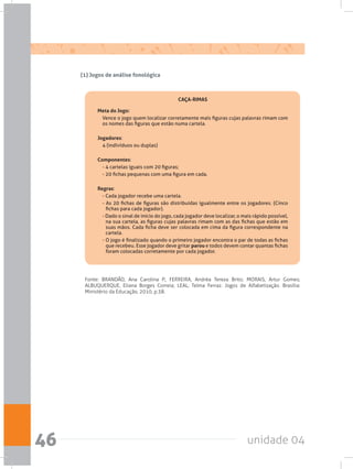 unidade 0446
Fonte: BRANDÃO, Ana Carolina P.; FERREIRA, Andréa Tereza Brito; MORAIS, Artur Gomes;
ALBUQUERQUE, Eliana Borges Correia; LEAL, Telma Ferraz. Jogos de Alfabetização. Brasília:
Ministério da Educação, 2010, p.38.
(1) Jogos de análise fonológica
CAÇA-RIMAS
Meta do Jogo:
Vence o jogo quem localizar corretamente mais figuras cujas palavras rimam com
os nomes das figuras que estão numa cartela.
Jogadores:
4 (indivíduos ou duplas)
Componentes:
- 4 cartelas iguais com 20 figuras;
- 20 fichas pequenas com uma figura em cada.
Regras:
- Cada jogador recebe uma cartela.
- As 20 fichas de figuras são distribuídas igualmente entre os jogadores. (Cinco
fichas para cada jogador).
- Dado o sinal de início do jogo, cada jogador deve localizar, o mais rápido possível,
na sua cartela, as figuras cujas palavras rimam com as das fichas que estão em
suas mãos. Cada ficha deve ser colocada em cima da figura correspondente na
cartela.
- O jogo é finalizado quando o primeiro jogador encontra o par de todas as fichas
que recebeu. Esse jogador deve gritar parou e todos devem contar quantas fichas
foram colocadas corretamente por cada jogador.
 
