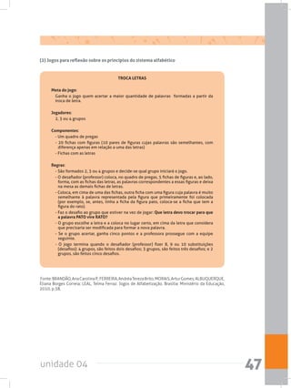 unidade 04 47
(2) Jogos para reflexão sobre os princípios do sistema alfabético
Fonte:BRANDÃO,AnaCarolinaP.;FERREIRA,AndréaTerezaBrito;MORAIS,ArturGomes;ALBUQUERQUE,
Eliana Borges Correia; LEAL, Telma Ferraz. Jogos de Alfabetização. Brasília: Ministério da Educação,
2010, p.38.
TROCA LETRAS
Meta do jogo:
Ganha o jogo quem acertar a maior quantidade de palavras formadas a partir da
troca de letra.
Jogadores:
2, 3 ou 4 grupos
Componentes:
- Um quadro de pregas
- 20 fichas com figuras (10 pares de figuras cujas palavras são semelhantes, com
diferença apenas em relação a uma das letras)
- Fichas com as letras
Regras:
- São formados 2, 3 ou 4 grupos e decide-se qual grupo iniciará o jogo.
- O desafiador (professor) coloca, no quadro de pregas, 5 fichas de figuras e, ao lado,
forma, com as fichas das letras, as palavras correspondentes a essas figuras e deixa
na mesa as demais fichas de letras.
- Coloca, em cima de uma das fichas, outra ficha com uma figura cuja palavra é muito
semelhante à palavra representada pela figura que primeiramente foi colocada
(por exemplo, se, antes, tinha a ficha da figura pato, coloca-se a ficha que tem a
figura do rato).
- Faz o desafio ao grupo que estiver na vez de jogar: Que letra devo trocar para que
a palavra PATO vire RATO?
- O grupo escolhe a letra e a coloca no lugar certo, em cima da letra que considera
que precisaria ser modificada para formar a nova palavra.
- Se o grupo acertar, ganha cinco pontos e a professora prossegue com a equipe
seguinte.
- O jogo termina quando o desafiador (professor) fizer 8, 9 ou 10 substituições
(desafios): 4 grupos, são feitos dois desafios; 3 grupos, são feitos três desafios; e 2
grupos, são feitos cinco desafios.
 