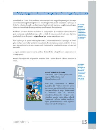 unidade 05 15
Naunidade1,
os quadros
de direitos de
aprendizagem
detalham os
conhecimentos
e habilidades a
serem abordados
em cada ano de
escolaridade.
Naunidade1,
os quadros
de direitos de
aprendizagem
detalham os
conhecimentos
e habilidades
a serem
abordados em
cada ano de
escolaridade.
consolidadano2ºano. Dessemodo,eraumaturmaquetinhaumperfilesperadoparaestaetapa
de escolaridade e a prática da professora se voltava prioritariamente para leitura e produção de
texto.Noentanto,atividadesdealfabetizaçãotambémseintegravamaoseuplanejamento,para
ajudarnaconsolidaçãodessasaprendizagensdeboapartedosestudantes.
Conforme podemos observar na síntese do planejamento da sequência didática elaborada
pela professora, seu trabalho versava sobre o estudo do tema proposto, tendo como objetivo a
produção de texto do gênero cartaz educativo, para ser exposto na escola.
Para a produção do gênero textual pretendido, a professora introduziu a produção de outros
gêneros,taiscomo:ficha,tabela,receitaculinária.Foramrealizadasleiturasdetextosdiversos
paraqueosalunostivessemacessoaosconhecimentosrelacionadosaotemaqueestavasendo
estudado.
A seguir, passamos a apresentar as práticas desenvolvidas pela professora para o estudo do
tema proposto.
O tema foi introduzido no primeiro momento, com a leitura do livro “Muitas maneiras de
viver”.
Muitas maneiras de viver
Texto:CosellLenzieFannyEspíritoSanto
Imagem:AdilsonFariasetal.
Editora:Positivo,2008.
Neste livro, conhecemos as muitas
maneiras de viver de diferentes povos,
queocupamespaçosdiversos,bemcomosuas
variações ao longo do tempo. Apresentando
os diferentes tipos de moradias,
brincadeiras, brinquedos e roupas, a obra
estimula o respeito à diversidade cultural.
Promovendo a reflexão, também nos oferece
alguns questionamentos e traz sugestões
paraaconfecçãodebrinquedos.
 