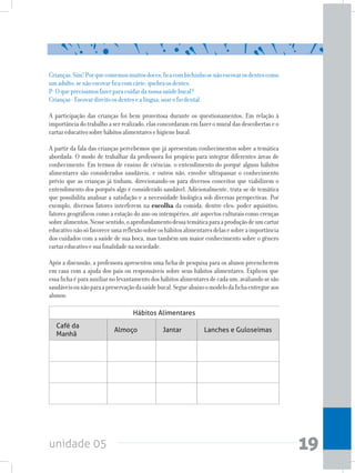 unidade 05 19
Crianças:Sim!Porquecomemosmuitosdoces;ficacombichinhosenãoescovarosdentescomo
umadulto;senãoescovarficacomcárie;quebraosdentes.
P-Oqueprecisamosfazerparacuidardanossasaúdebucal?
Crianças-Escovardireitoosdentesealíngua;usarofiodental.
A participação das crianças foi bem proveitosa durante os questionamentos. Em relação à
importânciadotrabalhoaserrealizado,elasconcordaramemfazeromuraldasdescobertaseo
cartazeducativosobrehábitosalimentaresehigienebucal.
A partir da fala das crianças percebemos que já apresentam conhecimentos sobre a temática
abordada. O modo de trabalhar da professora foi propício para integrar diferentes áreas de
conhecimento. Em termos de ensino de ciências, o entendimento do porquê alguns hábitos
alimentares são considerados saudáveis, e outros não, envolve ultrapassar o conhecimento
prévio que as crianças já tinham, direcionando-os para diversos conceitos que viabilizem o
entendimento dos porquês algo é considerado saudável. Adicionalmente, trata-se de temática
que possibilita analisar a satisfação e a necessidade biológica sob diversas perspectivas. Por
exemplo, diversos fatores interferem na escolha da comida, dentre eles: poder aquisitivo,
fatores geográficos como a estação do ano ou intempéries, até aspectos culturais como crenças
sobrealimentos.Nessesentido,oaprofundamentodessatemáticaparaaproduçãodeumcartaz
educativonãosófavoreceumareflexãosobreoshábitosalimentaresdelasesobreaimportância
dos cuidados com a saúde de sua boca, mas também um maior conhecimento sobre o gênero
cartazeducativoesuafinalidadenasociedade.
Após a discussão, a professora apresentou uma ficha de pesquisa para os alunos preencherem
em casa com a ajuda dos pais ou responsáveis sobre seus hábitos alimentares. Explicou que
essafichaéparaauxiliarnolevantamentodoshábitosalimentaresdecadaum,avaliandosesão
saudáveisounãoparaapreservaçãodasaúdebucal.Segueabaixoomodelodafichaentregueaos
alunos:
Hábitos Alimentares
Café da
Manhã
Almoço Jantar Lanches e Guloseimas
 