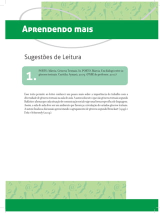 Aprendendo mais
Esse texto permite ao leitor conhecer um pouco mais sobre a importância do trabalho com a
diversidadedegênerostextuaisnasaladeaula.Aautoradiscuteoquesãogênerostextuaissegundo
Bakhtineafirmaquecadasituaçãodecomunicaçãosocialexigeumaformaespecíficadelinguagem.
Assim,asaladeauladeveserumambientequefavoreçaacirculaçãodevariadosgênerostextuais.
AautorafinalizaadiscussãoapresentandooagrupamentodegênerossegundoBronckart(1999)e
DolzeSchneuwly(2004).
PORTO, Márcia. Gêneros Textuais. In. PORTO, Márcia. Um diálogo entre os
gêneros textuais. Curitiba: Aymará, 2009. (PNBE do professor, 2010)
1.
Sugestões de Leitura
 