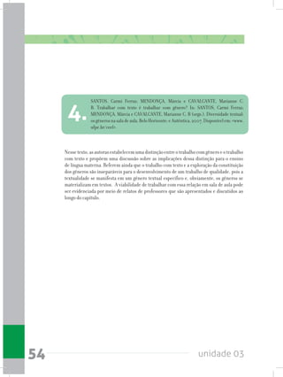 unidade 0354
Nessetexto,asautorasestabelecemumadistinçãoentreotrabalhocomgêneroeotrabalho
com texto e propõem uma discussão sobre as implicações dessa distinção para o ensino
de língua materna. Referem ainda que o trabalho com texto e a exploração da constituição
dos gêneros são inseparáveis para o desenvolvimento de um trabalho de qualidade, pois a
textualidade se manifesta em um gênero textual específico e, obviamente, os gêneros se
materializam em textos. A viabilidade de trabalhar com essa relação em sala de aula pode
ser evidenciada por meio de relatos de professores que são apresentados e discutidos ao
longo do capítulo.
SANTOS, Carmi Ferraz; MENDONÇA, Márcia e CAVALCANTE, Marianne C.
B. Trabalhar com texto é trabalhar com gênero? In: SANTOS, Carmi Ferraz;
MENDONÇA, Márcia e CAVALCANTE, Marianne C. B (orgs.). Diversidade textual:
osgênerosnasaladeaula.BeloHorizonte:eAutêntica,2007.Disponívelem:<www.
ufpe.br/ceel>.
4.
 