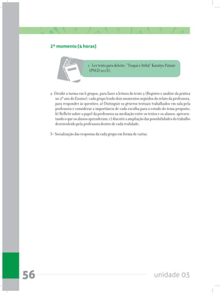 unidade 0356
2º momento (4 horas)
1-Lertextoparadeleite:“TxopaieItôhã”KanátyoPataxó
(PNLD 2013);
2- Dividir a turma em 6 grupos, para fazer a leitura do texto 2 (Registro e análise da prática
no2ºanodoEnsino),cadagrupolendodoismomentosseguidosdorelatodaprofessora,
para responder às questões: a) Distinguir os gêneros textuais trabalhados em sala pela
professora e considerar a importância de cada escolha para o estudo do tema proposto;
b) Refletir sobre o papel da professora na mediação entre os textos e os alunos, apresen-
tandooqueosalunosaprenderam;c)discutiraampliaçãodaspossibilidadesdotrabalho
desenvolvido pela professora dentro de cada realidade;					
						
3– Socialização das respostas da cada grupo em forma de cartaz.
 