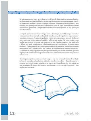 unidade 0612
Nobojodessaquestão,insere-seareflexãoacercadolugardaalfabetizaçãonoprocessoeducativo.
Aoadotarmosaconcepçãodealfabetizaçãonaperspectivadoletramento,concebemosqueaescola,
ao alfabetizar o estudante, ajuda-o não apenas a dominar o Sistema de Escrita Alfabética, mas
contribui para que ele possa, individual e coletivamente, atuar de forma autônoma em diferentes
esferas sociais, produzindo e compreendendo textos de diferentes gêneros, ou seja, agindo por
meiodessestextos.
A pergunta que devemos nos fazer é até que ponto a alfabetização, na medida em que possibilita/
estimula a inserção no mercado assalariado de trabalho, não pode significar o despovoamento/
urbanização do campo. Essa questão ganha em relevância caso assumamos que o ato de planejar
nunca pode estar neutro quanto a finalidades políticas mais amplas. Há, como se sabe, várias
famílias que vivem em meio rural, mas que perderam seus vínculos com a terra. Isso nos desafia
a definir para quais paradigmas de trabalho estaremos, preferencialmente, formando nossos
estudantes.Daíanecessidadedeaçãonãoapenasnosentidodepossibilitaraoestudanteodomínio
dehabilidadesparaaleituraeescrita,mas,também,defortalecimentodevínculoseidentidades.
Avalorizaçãodocampoé,portanto,umprincípiofundamentalparaquenãoseestimule,pormeio
doprocessodeescolarização,odespovoamentodevastosterritóriose/oudescaracterizaçãodesuas
culturaslocais.
Preparar para as práticas sociais no próprio campo – com suas formas alternativas de produção
fortemente ancoradas na família e em ambientes simbólicos específicos – demanda uma rica e
complexainterseçãodetempospedagógicos,naqualasexperiênciasdossujeitos–vivenciadasem
umavariadagamadeespaçosnãoescolares–sãochamadasaexercerumpapelimportanteeativo
noplanejamentoescolar.
 