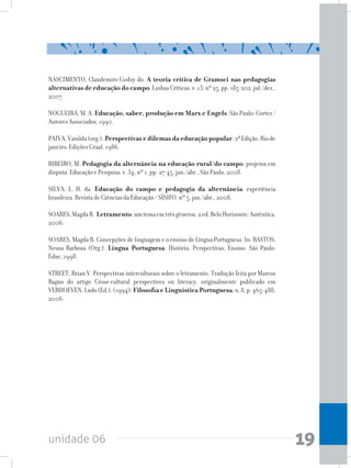 unidade 06 19
NASCIMENTO, Claudemiro Godoy do. A teoria crítica de Gramsci nas pedagogias
alternativas de educação do campo.LinhasCríticas.v.13,nº25,pp.185-202,jul./dez.,
2007.
NOGUEIRA, M. A. Educação, saber, produção em Marx e Engels. São Paulo: Cortez /
Autores Associados, 1990.
PAIVA,Vanilda(org.).Perspectivas e dilemas da educação popular.2ªEdição.Riode
janeiro: Edições Graal, 1986.
RIBEIRO, M. Pedagogia da alternância na educação rural/do campo: projetos em
disputa. Educação e Pesquisa. v. 34, nº 1, pp. 27-45, jan./abr., São Paulo, 2008.
SILVA, L. H. da. Educação do campo e pedagogia da alternância: experiência
brasileira. Revista de Ciências da Educação / SÍSIFO. nº 5, jan./abr., 2008.
SOARES,MagdaB. Letramento:umtemaemtrêsgêneros.2ed.BeloHorizonte:Autêntica,
2006.
SOARES, Magda B. Concepções de linguagem e o ensino de Língua Portuguesa. In: BASTOS,
Neusa Barbosa (Org.). Língua Portuguesa: História, Perspectivas, Ensino. São Paulo:
Educ, 1998.
STREET, Brian V. Perspectivas interculturais sobre o letramento. Tradução feita por Marcos
Bagno do artigo Cross-cultural perspectives on literacy, originalmente publicado em
VERHOEVEN,Ludo(Ed.).(1994).Filosofia e Linguística Portuguesa,n.8,p.465-488,
2006.
 