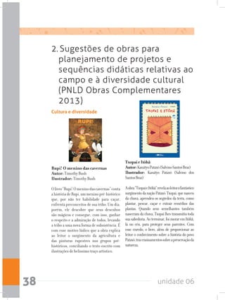 unidade 0638
2. Sugestões de obras para
planejamento de projetos e
sequências didáticas relativas ao
campo e à diversidade cultural
(PNLD Obras Complementares
2013)
Rupi! O menino das cavernas
Autor: Timothy Bush 			
Ilustrador: Timothy Bush
Olivro“Rupi!Omeninodascavernas”conta
ahistóriadeRupi,ummeninopré-histórico
que, por não ter habilidade para caçar,
enfrenta preconceitos de sua tribo. Um dia,
porém, ele descobre que seus desenhos
são mágicos e consegue, com isso, ganhar
o respeito e a admiração de todos, levando
a tribo a uma nova forma de subsistência. É
com esse motivo lúdico que a obra explica
ao leitor o surgimento da agricultura e
das pinturas rupestres nos grupos pré-
históricos, conciliando o texto escrito com
ilustrações de belíssimo traço artístico.
Cultura e diversidade
TxopaieItôhã				
Autor:KanátyoPataxó(SalvinoSantosBraz)
Ilustrador: Kanátyo Pataxó (Salvino dos
SantosBraz)
Aobra“TxopaieItôhã”revelaaoleitorofantástico
surgimentodanaçãoPataxó:Txopai,quenasceu
da chuva, aprendeu os segredos da terra, como
plantar, pescar, caçar e extrair remédios das
plantas. Quando seus semelhantes também
nasceram da chuva, Txopai lhes transmitiu toda
suasabedoria.Aoterminar,foimoraremItôhã,
lá no céu, para proteger seus parentes. Com
esse enredo, o livro, além de proporcionar ao
leitor o conhecimento sobre a história do povo
Pataxó,trazensinamentossobreapreservaçãoda
natureza.
 