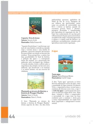 unidade 0644
Tanta água 			
Autora: Marta Bouissou Morais	
Ilustradora: Giselle Vargas
A obra “Tanta água” apresenta ao leitor
diversas informações acerca da água, como
a quantidade de água existente no planeta
Terra, a importância desse recurso para a
existência de diversos seres vivos, o que é
o ciclo da água e a participação dos seres
vivos em diversas etapas desse ciclo. Além
disso, estimula o leitor a compreender
a necessidade de a água estar em boas
condições para o consumo e alerta para
a nossa responsabilidade em cuidar bem
desse importante e indispensável recurso
natural.
A água
A quarta-feira de Jonas		
Autora: Socorro Aciole 	
Ilustrador: Rafael Limaverde
“Aquarta-feiradeJonas”éumlivroque,por
meio de uma história centrada na amizade
entre o menino Jonas e uma família de
golfinhos, apresenta situações decorrentes
da nossa atitude em relação ao descarte dos
resíduos. Nessa perspectiva, a autora traz
duas possibilidades de final da história:
a poluição das águas e a consequente
morte dos animais, ou a preservação dos
ambientes pela reciclagem dos resíduos.
O enredo convida o leitor a refletir sobre a
importância das atitudes em favor do meio
ambiente, que beneficiam o ser humano
e os outros animais, em um exercício de
cidadania.
Plantando as árvores do Quênia: a
história de Wangari Maathai	
Autora: Claire A. Nivola	
Ilustradora: Claire A. Nivola
O livro “Plantando as árvores do
Quênia: a história de Wangari Maathai”
retrata aspectos da vida e da obra desta
ambientalista queniana, ganhadora do
Nobel da Paz de 2004. Paisagens de
sua infância são apresentadas, assim
como seu período de universidade nos
EUA e retorno ao Quênia, quando ela
encontrou pessoas fracas e doentes,
paisagens devastadas e transformadas
pela agricultura de exportação do chá. O
leitor tem conhecimento de sua luta pelo
reflorestamentodopaíseparaconscientizar
asmulheresdocampo.Anarrativaapresenta
a cultura e o espaço rural do Quênia e os
problemas socioambientais causados pela
agricultura comercial de exportação.
 